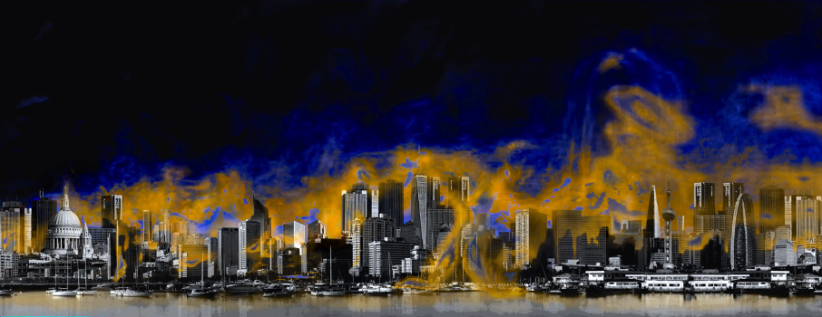 An illustration of atmospheric inhomogeneities in a megacity, showing  “Large Eddy Simulations” of Hong Kong superimposed on a composite London skyline. The resulting inhomogeneities in ammonia and nitric acid vapours can drive particle growth rates to up to more than 100 times faster than previously seen. (Credit: Helen Cawley)