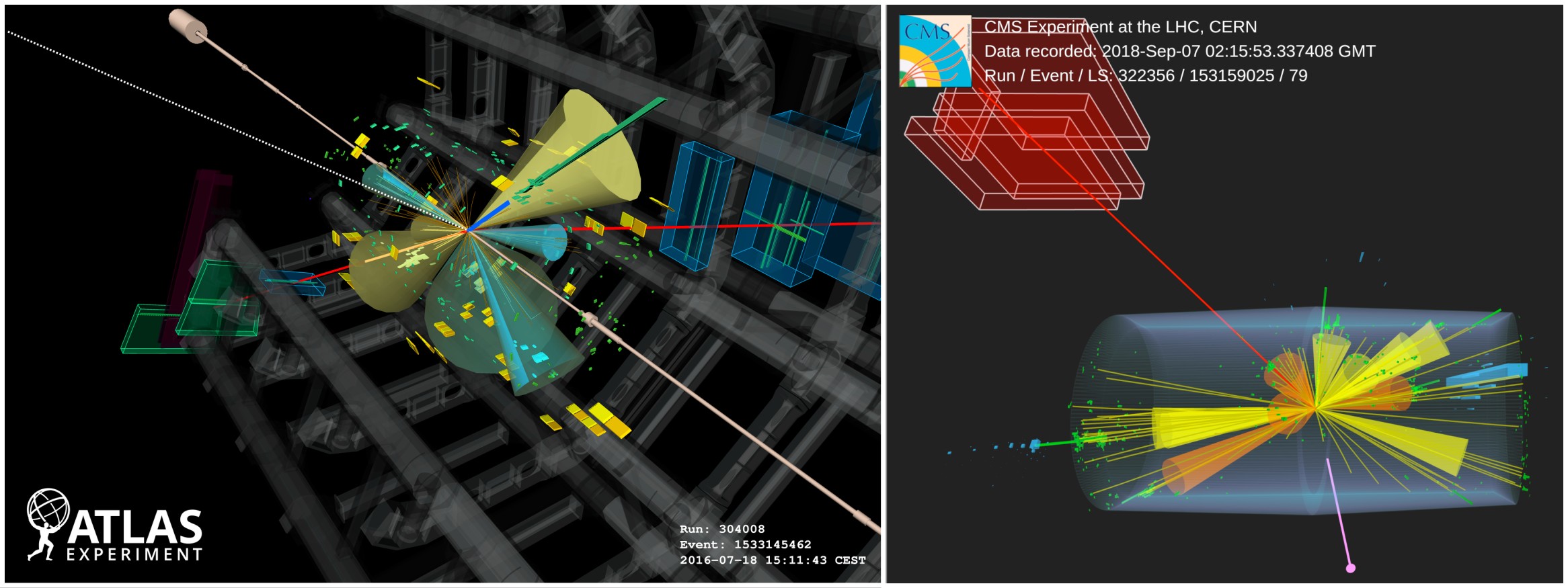 Vues d'événements de production de quatre quarks top enregistrés à ATLAS (à gauche) et à CMS (à droite)