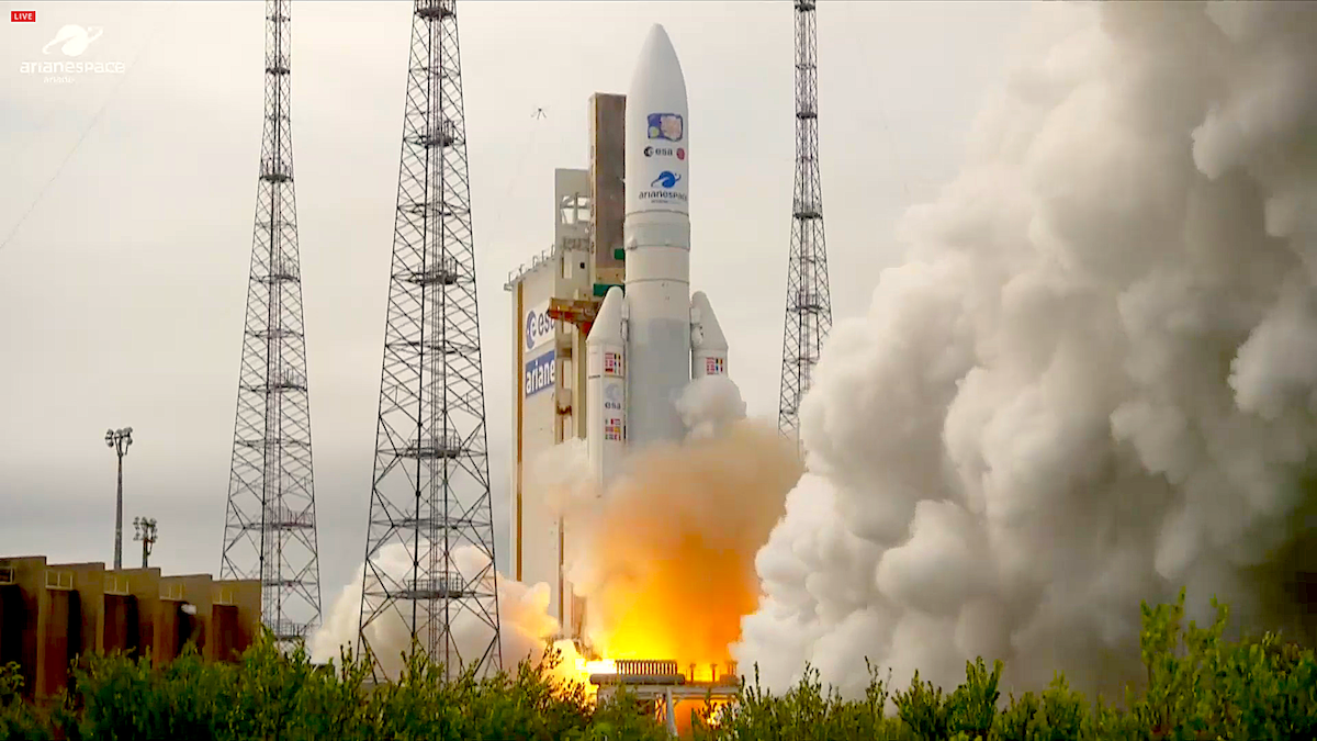 ESA’s latest interplanetary mission, Juice, lifted off on an  Ariane 5 rocket  from  Europe’s Spaceport .