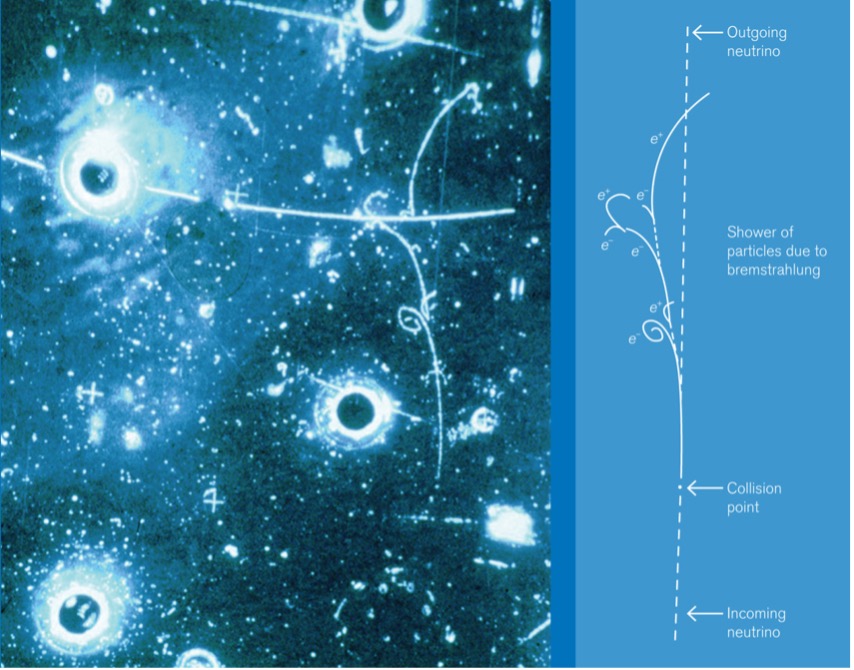 The first leptonic neutral current event spotted with Gargamelle. It shows an incoming neutrino (not visible) arriving from below where it then interacts with an electron (visible track). The interaction radiates photons and then produces electron–positron pairs. Credit: CERN-EX-60100-1/ Kurt Riesselmann