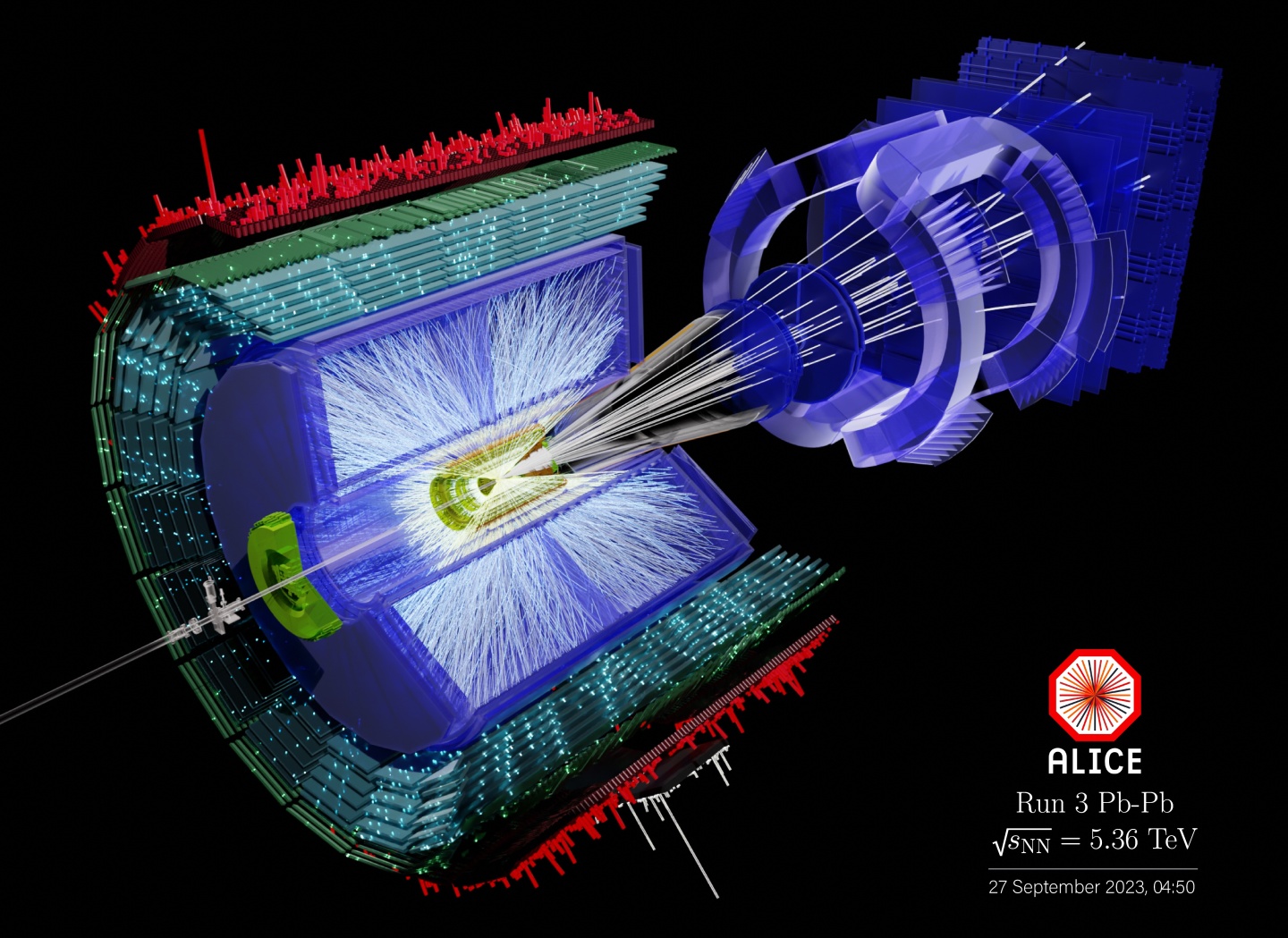 Image shows a lead–lead collision in the ALICE detector