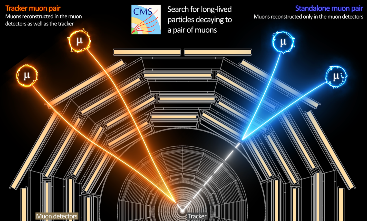 Illustration of two types of long-lived particles decaying into a pair of muons, showing how the signals of the muons can be traced back to the long-lived particle decay point using data from the tracker and muon detectors.