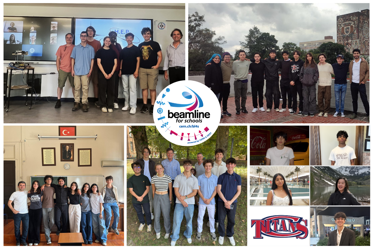 Winners of the 2025 CERN Beamline for Schools competition: “Dawson Technicolor” from Canada (top left), “Pumas in Kollision” from Mexico (top right), “Physical” from the Türkiye (bottom left), “the Spallateam” from Belgium (bottom centre) and “team XTReme” from the USA (bottom right) (Images: Dawson Technicolor, Pumas in Kollision, Physical, the Spallateam, team XTReme)