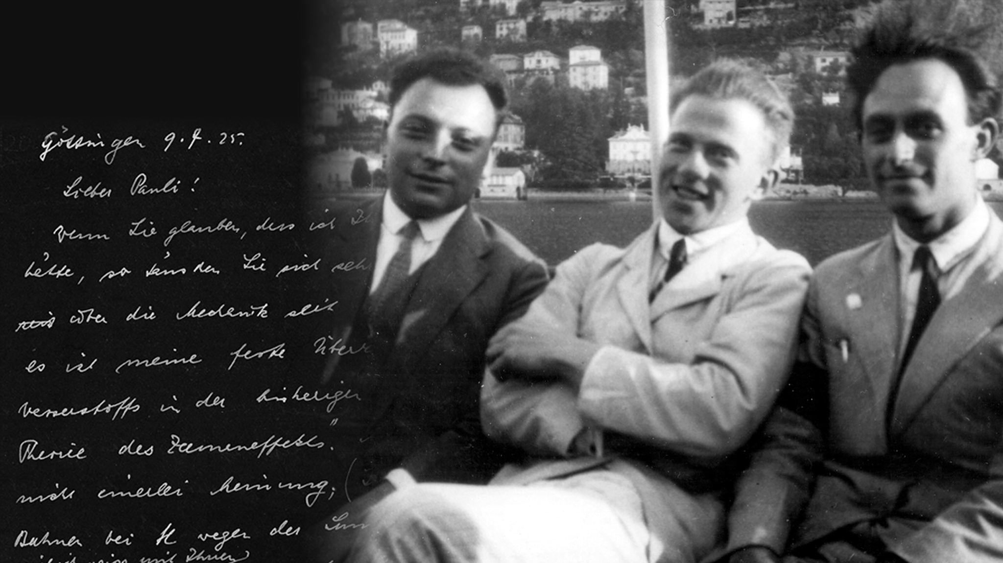 Part of a letter written by hand on the left linked to the B&W old photo of 3 young men sitting in front of a lake. 