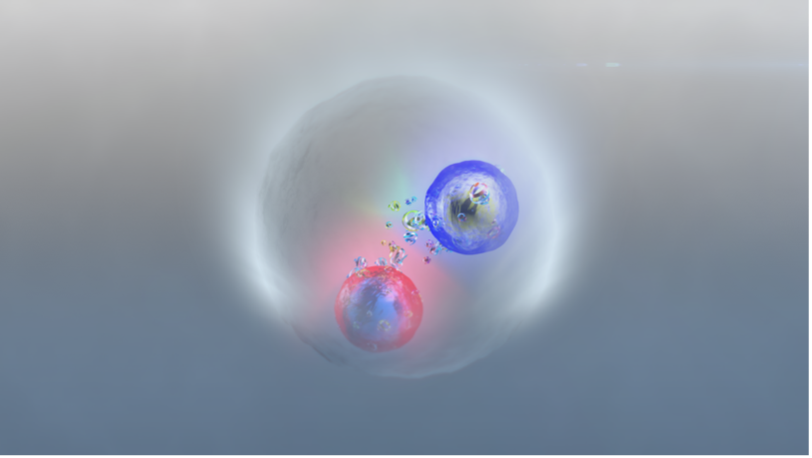 Artist’s impression of the short-lived union of a top quark and a top antiquark formed by the exchange of gluons. (Image: D. Dominguez/CERN)