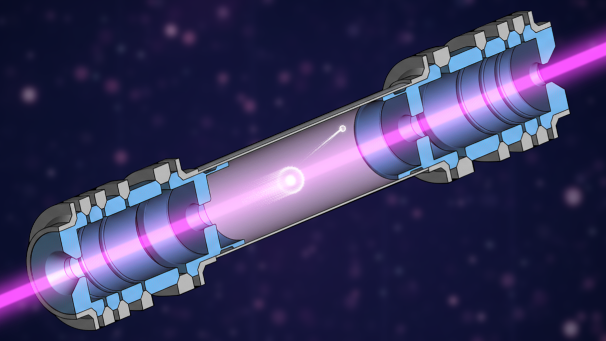 Illustration of the ion trap used by the ISOLDE team to measure the electron affinity of chlorine. In the trap, chlorine anions are reflected back and forth between two electrostatic ion mirrors, allowing the laser beam (pink) to probe the anions for much longer than in conventional measurements. The laser frequency is tuned to find the exact photon energy above which the extra electron (small white circle) is removed from the anion. (Image: MIRACLS collaboration)