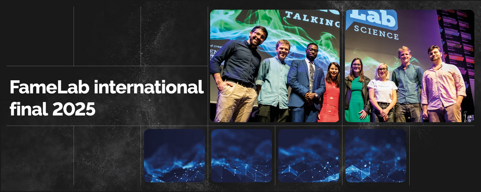 A group of seven people stand smiling on stage at the FameLab International Final. The left text reads 'FameLab international final 2025'. The atmosphere is celebratory and engaging. Background features abstract blue patterns.