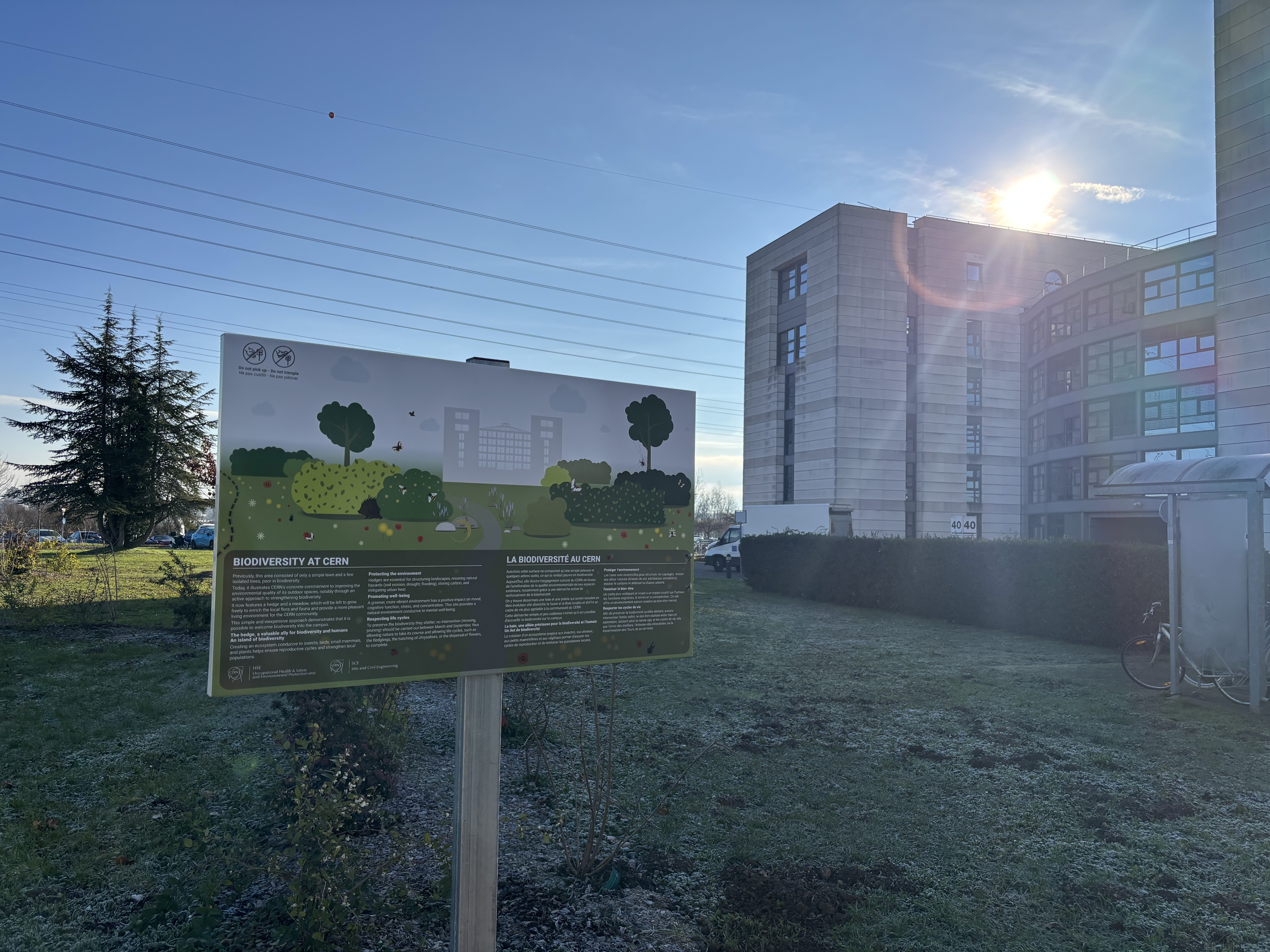 Panel in foreground, greenery and building 40 in background