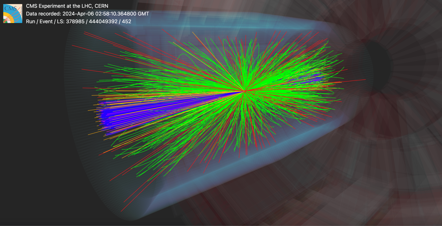 A large number of colourful jets spreading out from a central point within a faint diagram of the CMS detector