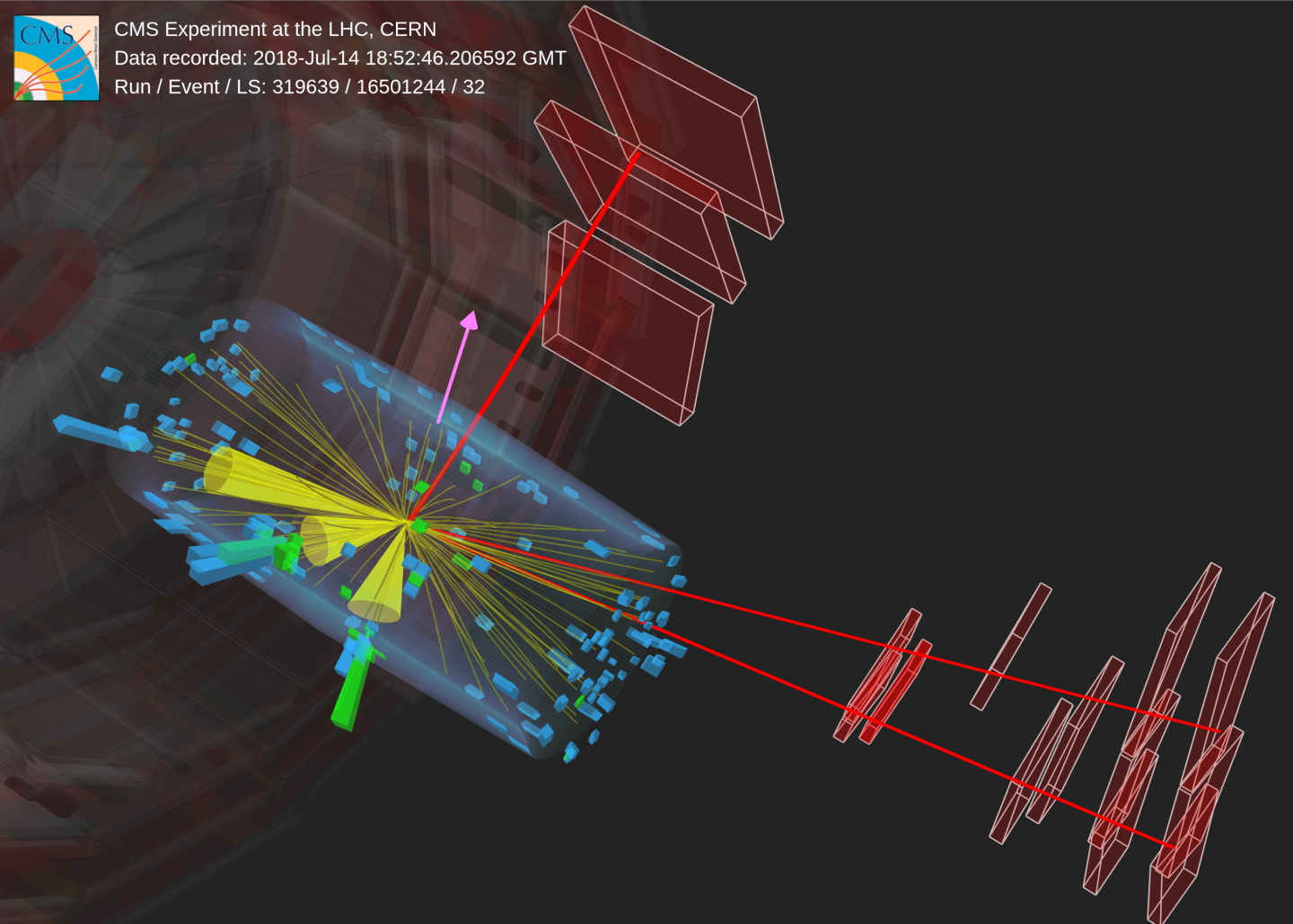 The event display illustrates the particle tracks in the CMS detector after tWZ production. From the centre of the image there are many yellow lines and 3 yellow cones representing hadron and hadron jets respectively. There are also 3 curved red lines extending to the edge of the frame representing muons.