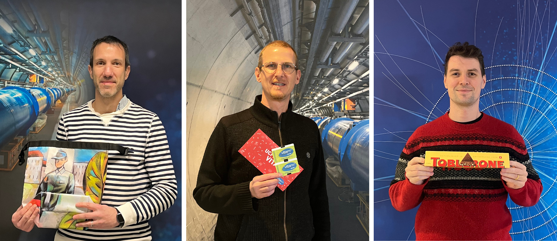 Left: man holding a lunch bag with an illustration of a man with a hat on it; Centre: man holding an envelope and tickets reading "Vitam"; Right: Man holding Toblerone bar