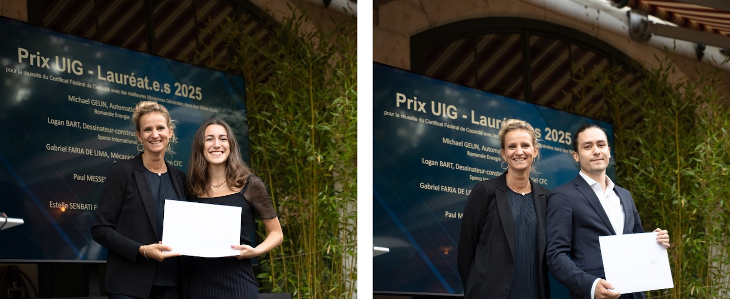 Photos of two women and a woman and a man holding diplomas