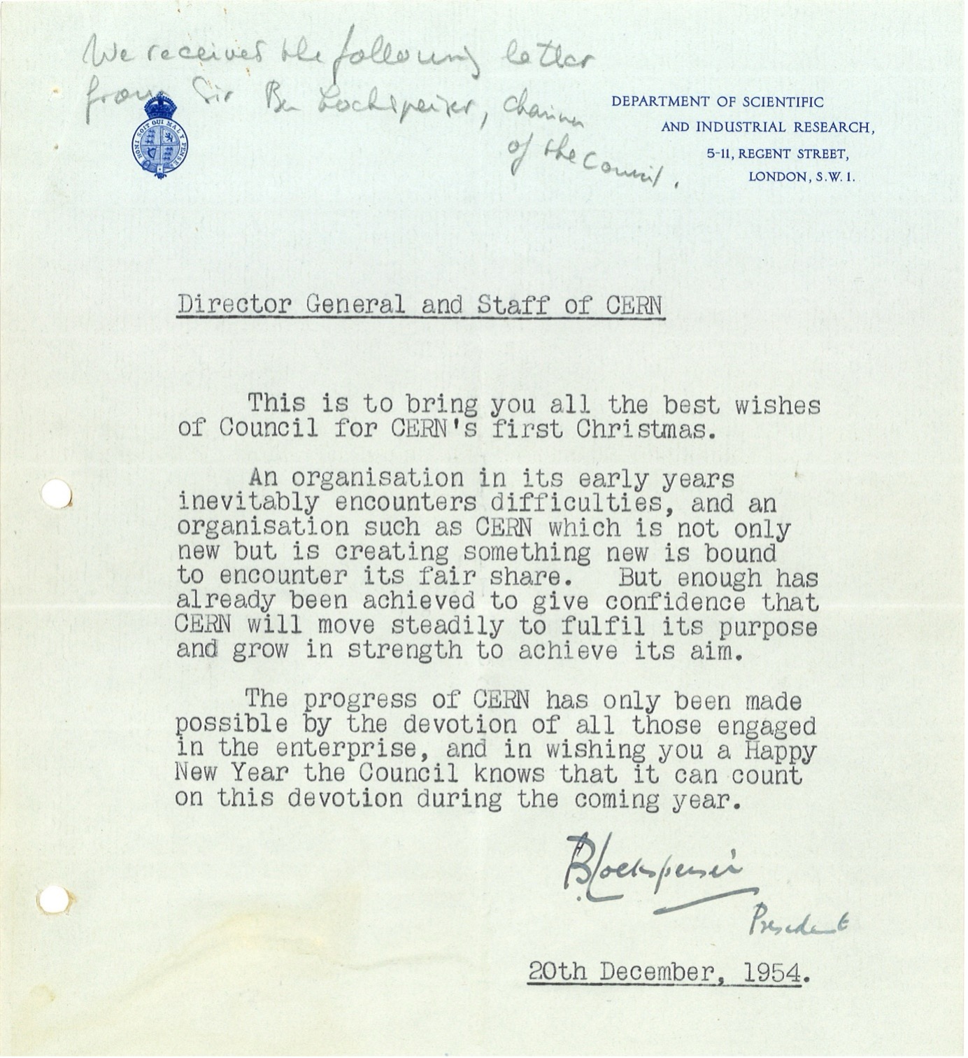 A scan of the letter from the first President of the CERN Council, addressed to the then CERN Director-General and CERN staff