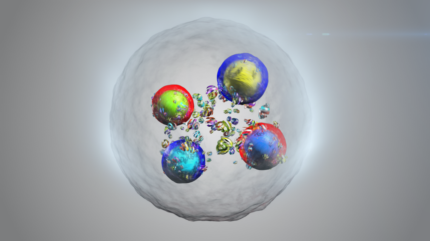 Illustration d'un tétraquark composé de deux quarks charme et de deux antiquarks charme. (Image : CERN)