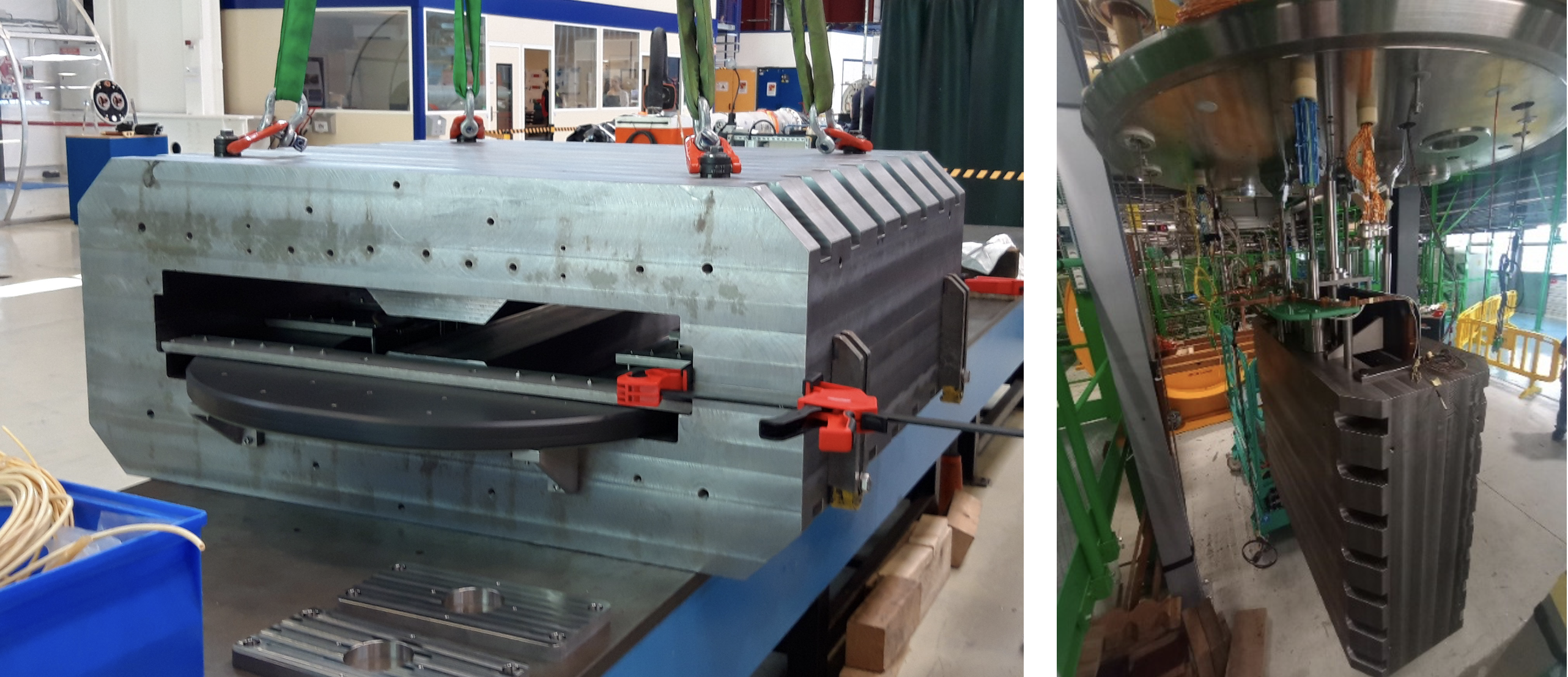 The demonstrator magnet in the horizontal position, during the last stages of assembly (left), as well as when attached to a vertical insert for testing in one of the CERN SM18 cryogenic test stations (right).